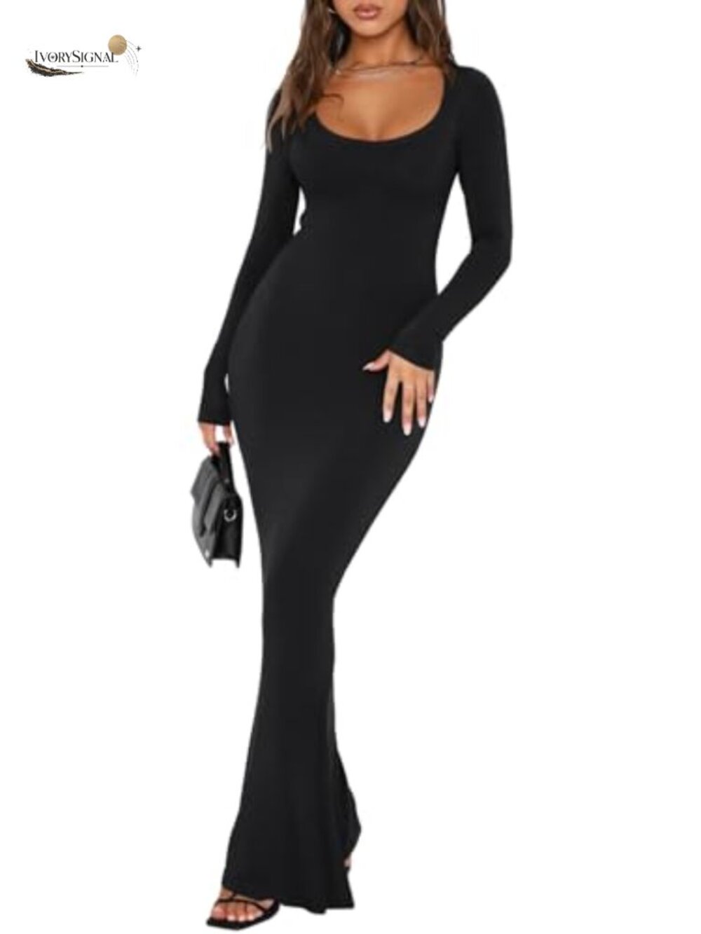Square Neck Long Sleeve Ribbed Bodycon Maxi Dress